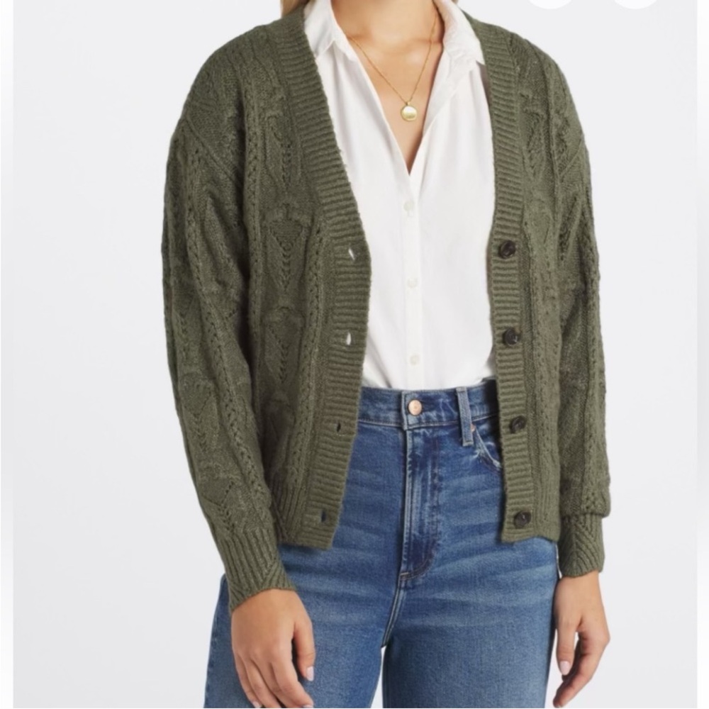 Violets & Roses Olive Green Cable Knit Cardigan Sweater - Large